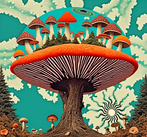 Prompt: <mymodel>Retro psychedelic collage of vibrant, 70s-inspired fungus, mushrooms, vibrant colors and patterns, surreal collage cut and paste composition, landscapes, trippy patterns, optical illusions, planets vintage analog texture, high quality, retro, psychedelic, vibrant colors, surreal, vintage, analog texture, detailed patterns, artistic