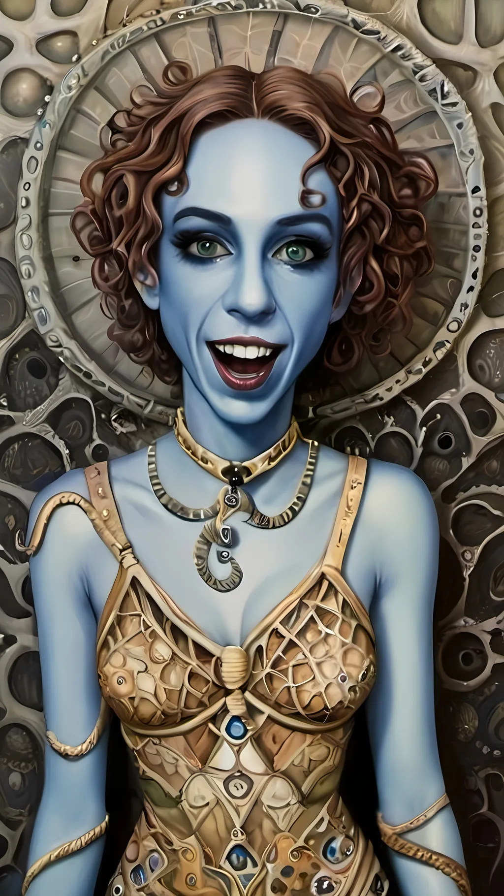 Prompt: Imagine a surreal portrait of yourself as a blue-skinned alien, inspired by the whimsical and grotesque style of Roland Topor. Your alien self has elongated limbs and exaggerated features, with large, expressive eyes that convey a sense of curiosity and mischief. The skin is a rich, cerulean blue with intricate patterns and textures, reminiscent of Topor's detailed line work. The background is a dreamlike landscape, filled with bizarre and otherworldly flora that seem to dance and sway. The overall composition is both unsettling and enchanting, capturing the essence of Topor's fantastical and absurd artistry. Key elements include surrealism, grotesque beauty, intricate patterns, and a whimsical alien world.