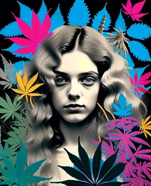 Prompt: <mymodel>Mixed media collage of a girl with long blond curly hair and blue eyes, black and white photograph, pops of vibrant color with cannabis leaves, mushrooms, smoke and fractals in the background, hand-colored, high contrast, psychedelic, detailed facial features, vintage style, atmospheric lighting