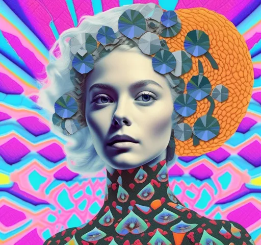 Prompt: a psychedelic collage reminiscent of 70s psychedelic sci fi collage artwork celebrating a girl on mushrooms. It is to feature a photograph of a woman with blond curly hair that is edited by splicing it with other images from photographs, magazines, newspapers, illustrations/paintings to create the impression she is high on magic mushrooms. The work will include such elements as a psychedelic 3rd eye open, stars and planets, trippy optical illusions and patterns, psilocybin cubensis mushrooms, fractals, UFOs, aliens, geometric shapes, auras, rainbow spectrums, sacred geometry, trippy drippy stuff, psychedelic hallucinations, open eyes, landscapes of astral worlds<mymodel>