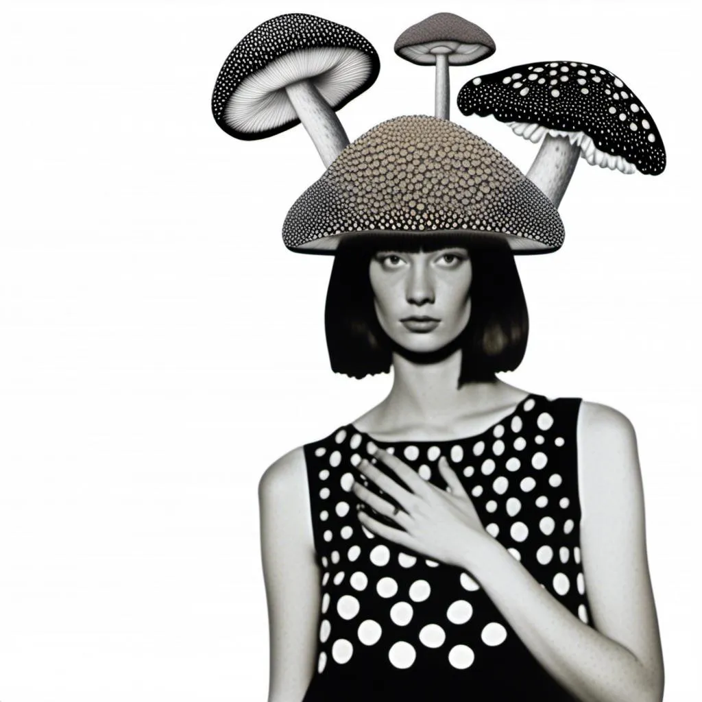 Prompt: a mixed media collage of a girl wearing or growing mushrooms/fungus as clothing body parts and accessories. She is a black and white or halftone photograph, the mushrooms and fungal growths are to be mixed media, including but not limited to paint, enamel, foils, glitter, sparkle, sequins, found objects, natural items, rhinestones etc <mymodel>