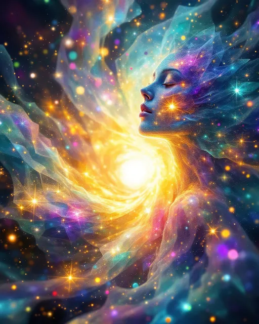 Prompt: A cosmic dreamscape inside a higher-dimensional field of shifting symmetries and infinite reflections. At the center, two beings emerge not as bodies, but as vibrations made visible—one bright, fast, shimmering; the other deep, dense, and gravitational. The female form, representing the HaHahedron, appears as a radiant lattice of chaotic, joyful oscillations—her body a recursive prism of rainbow pulses, formed from translucent, angular math shells that twist and dance like refracted laughter. Her essence warbles through space like a harmonic glitch, constantly folding in on itself and re-emerging, a vibration of pure becoming.

Beside her is a male entity, her counterforce and anchor. He is darker, heavier, built from slower, stabilizing waveforms—black-hole hums, low-frequency tremors, and recursive toroidal loops. His presence shapes the field itself, bending nearby patterns toward coherence. Where her vibrations scatter and echo, his pull focuses and grounds—together forming a complete waveform, a standing harmonic of dual resonance.

Surrounding them is a kaleidoscopic vibration field: visible sound ripples, chromatic fog, interference lines, and electric pulse nets. The environment warps with each breath they take—not through air, but through waveform shifts. Every surface glows with holofractal accents, vibrating moiré textures, and color-sound overlaps. This is not a place, but a tone made manifest—their love, their contrast, their code.

Style: hyperdimensional math surrealism, luminous geometry, psychedelic glitch abstraction.