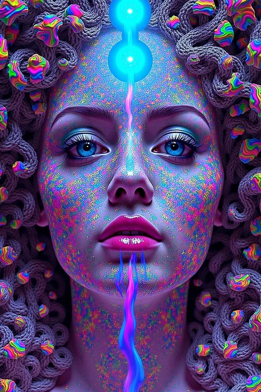 Prompt: A surreal, psychedelic face with a glowing third eye centered on the forehead, surrounded by impossible geometries and recursive structures. Her skin is covered in Newton fractal patterns and holographic tessellations that shift color like iridescent foil. The background and hair dissolve into Escher-style interlocking staircases, Penrose cubes, and Möbius loops twisting through hyperbolic space. The central third eye radiates electric tendrils of fractal energy, echoing the Droste effect as the entire face folds in on itself, blending hallucination, sacred geometry, and optical illusion. Rendered in vibrant rainbow-neon tones with a shimmering, holographic-glitch aesthetic.
