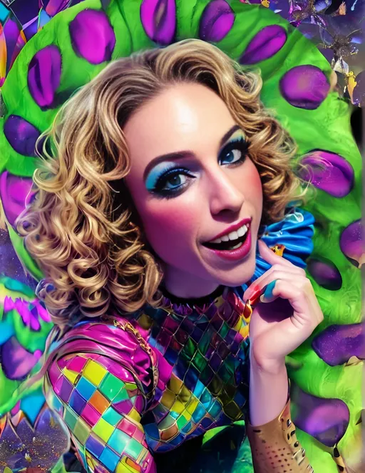 Prompt: Psychedelic hyperrealism of a female cosmic jester, long blond curly hair, vibrant psychedelic jester hat and attire and makeup, hallucinations, psilocybin, merry prankster of multidimensional geometry, tesseracts, hypercubes, trippy, highres, hyperrealism, cosmic, vibrant colors, hallucinatory, detailed makeup and attire, multidimensional, psychedelic