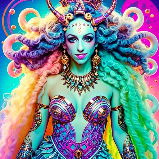 Prompt:  
"A radiant astral harlequinade jester with long wild curly hair dressed in avant-garde, iridescent clothing and accessories made entirely of sparkling light and fractals. The figure is glowing with cosmic energy, wearing an elaborate outfit that defies earthly fashion: flowing, asymmetrical designs with sharp angles and soft curves, crafted from swirling, colorful fractal patterns and shimmering, translucent light. The clothing features intricate details of kaleidoscopic geometry, glowing opalescent textures, and holographic accents that pulse with energy. Accessories include a bold, fractal crown or headpiece that radiates celestial light, statement earrings made of cascading star-like particles, and layered bracelets that refract into infinite rainbows. The overall vibe is futuristic, surreal, and unapologetically avant-garde, blending elements of high fashion with psychedelic aesthetics. The background is a glowing astral plane with swirling nebulas, fractal clouds, and sparkling cosmic dust, enhancing the ethereal and otherworldly vibe."
