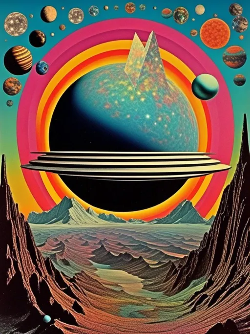 Prompt: A vintage 70s psychedelic collage with the theme “astral vacation”- incorporate themes of astral projection, the astral plane, the silver cord, use an astral brilliantly but sometimes muted opalescent color palette, & combine it all with planets, orbs, optical illusions and psychedelic trippy patterns, color spectrums as a surreal vintage psychedelic collage<mymodel>