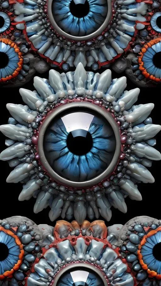 Prompt:  An extremely hyper-realistic, ultra-textural, weird, trippy, surreal, psychedelic pattern/design featuring eyes, teeth, mouths, & tongues. The design should be based on the “Mandelbrot” & “op art tiling” concepts, w/ an abundance of human eyes (crazy colorful compound psychedelic), rows of human teeth, human lips, & the elements, minerals, organisms: 
- titanium 
- silver
- Labradorite
- blue lace agate 
- moonstone
- silicon
- oxygen
- hydrogen

**colors/lighting/Shapes/Forms/Textures**: 
- Main form: “Mandelbrot”
- Additional colors/shapes/forms/textures/arrangements determined by the natural properties/expressions of the listed elements, minerals, metals, & biological organisms. Capture their crystal structures, atomic arrangements, & natural formations. Express their raw, rough, & detailed textures, including crystal structures, surface finishes, & unique textural properties.
- Express the shapes, forms, structures, & arrangements of the listed elements, minerals, pigments, crystals, or biological organisms.
- Reflect intricate crystal structures, atomic arrangements, & natural formations.
- Integrate unique textural properties & surface characteristics into the pattern.
- Arrangement influenced by natural aggregates/combinations, creating a cohesive design.
-Intense, bright, reflective light
- Express the various lighting properties, effects, & illusions of listed elements, minerals, biological entities, & crystals.
- Capture interactions w/ light, including reflections, refractions, iridescence, & other optical phenomena. Use lighting to emphasize intricate details, textures, shapes, & forms.

