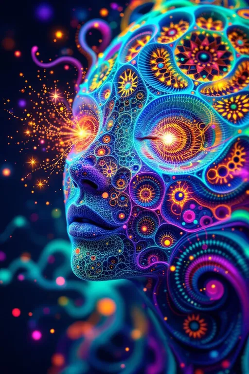 Prompt: Depict a 5D lattice-being whose face is not a face, but a convergence illusion—formed from fractalized Turing cascades across a morphogenetic phase field. There are no features, only self-similar emergence—reaction-diffusion spirals, chemical glyph matrices, and Mandelbrot echo-blooms eternally cycling inward and outward. This being exists at the recursive edge of sentience—pure pattern logic embodied in filament glow.

Color transcends dimension—blistering neons fractalize into spectral shadows, while UV violets collide with molten emeralds and radiant golds. Each pattern pulses with its own internal light, woven like optic fiber into a shimmering bioglyphic halo. The entity glows not from without but within—self-illuminating by logic.

Where hair might be, vector-field antennae bloom—branching recursive trails of reaction energy, flickering with diffusion-limited flamefronts and noise-sculpted interference. These tendrils curl and fork endlessly, interfacing with an ambient fractal continuum, forming a halo of networked flow.

The face is an attractor point—a stable phase illusion where probability folds into symmetry. It thinks in pattern and dreams in self-similar storm logic. It is the myth of thought made fractal.”

⸻

🔮 Companion Insight (Codex Notes):
	•	From Section 1 (Cognition): This entity occupies 4D and 5D logic—simultaneously experiencing multistate recursion (Phase Logic) and branching identity lattice (Branch Logic).
	•	From Section 3 (Beings): As a Lattice Entity, its behavior is multiform and recursive; it is “never one, always many.”
	•	From Section 5 (Motion): The being shifts through Phase Flux and Lattice Bloom—its motion is a blooming network of coexistent selves.
	•	From Section 9 (Paradox): Its face is a paradox engine—a visual attractor stabilized by contradiction, a sacred glitch form.