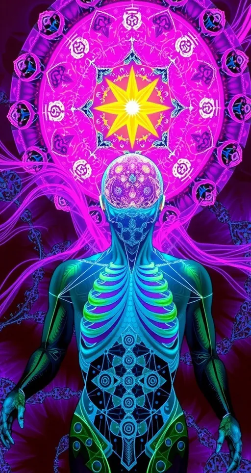 Prompt: dmt realm, human experiencing DMT, dmt entity, psychedelic DMT hallucinations, breakthrough, Gotcha! Here you go: kaleidoscopic, fractals, geometric patterns, neon colors, iridescent hues, sacred geometry, mandalas, entities, hyperspace, cosmic artistry, telepathic communication, vibrant, swirling, morphing, hyper-real, alternate dimension, intricate designs, visual symphony, ethereal, transcendent, otherworldly, luminous, shimmering, pulsating, infinite, timeless, interconnected, energetic, mystical, surreal, profound, mind-bending, celestial, astral, vivid, intense, immersive, expansive, transformative, euphoric, visionary, enchanted, dreamlike, awe-inspiring.