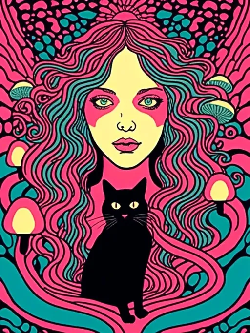 Prompt: <mymodel>Psychedelic poster illustration of a girl with long, curly blond hair, solid black cat, trippy mushrooms, vibrant colors, high-quality, poster art, surreal, detailed hair, psychedelic, detailed cat, colorful, vibrant, surreal, professional lighting