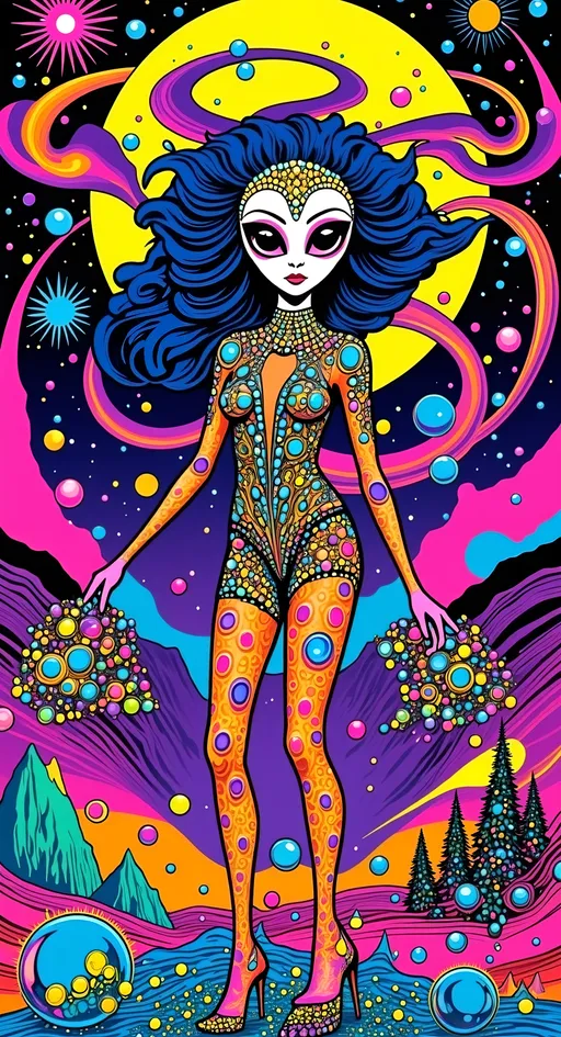 Prompt: Text - STARSEED - in a cursive hand drawn decorative art nouveau organic script style- Design 3 color a pop art nouveau t-shirt featuring a Lisa Frank-inspired 80s glam futuristic alien woman, limited to four vibrant colors. The central figure should be an alien woman with a classic 'gray' alien appearance—big pointed head and large almond-shaped solid colored dark shining eyes—styled with glamorous 80s fashion elements. Use bright, bold colors typical of Lisa Frank, incorporating metallic and neon hues to emphasize the futuristic theme. Surround her with whimsical elements like stars, planets, galaxies, and UFOs, all infused with a pop art nouveau flair. Add details such as sparkling jewelry, bold makeup, and flowing hair, reminiscent of 80s glam. The design should be eye-catching and energetic, blending the playful essence of Lisa Frank with the elegance of art nouveau, perfect for a standout t-shirt.