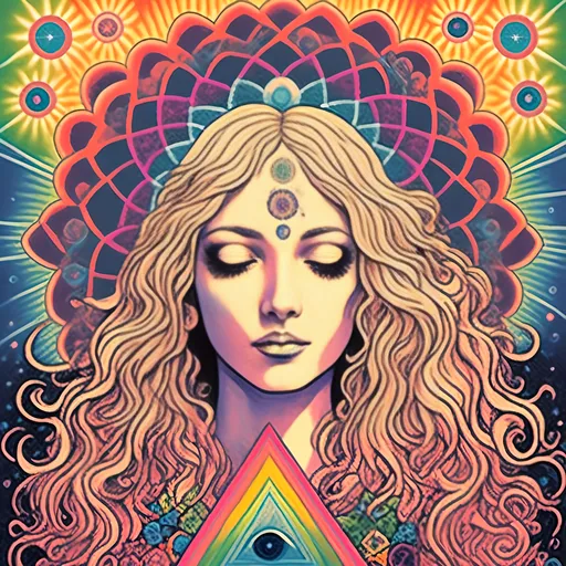 Prompt: <mymodel>Psychedelic illustration of a girl with long blond curly hair, third eye with rainbow aura, chakras, crystals, sacred geometry, fractals, detailed and vibrant, highres, psychedelic, mystical, colorful, detailed hair, open third eye, vibrant colors, sacred symbols, detailed crystals, surreal lighting