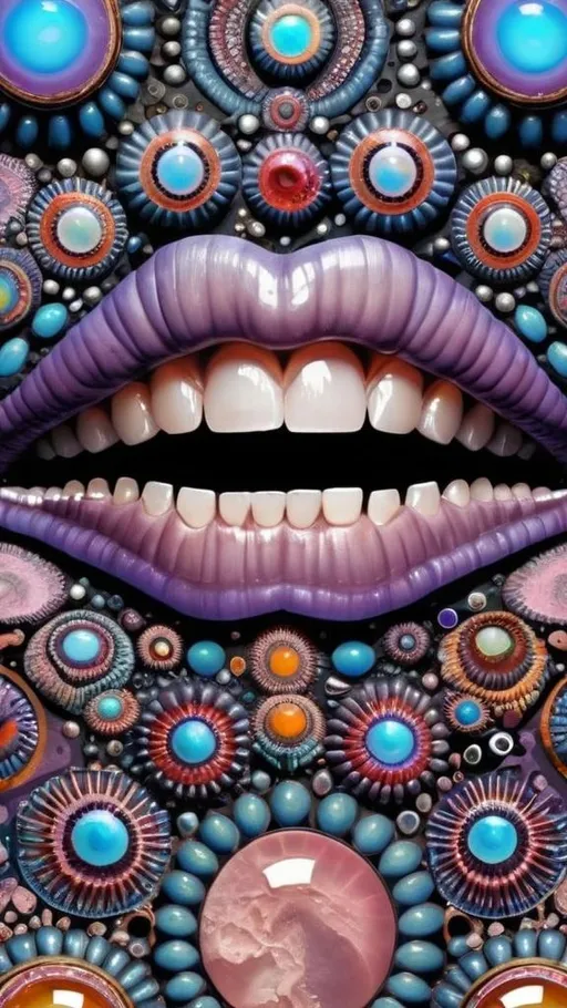 Prompt: Create an extremely hyper-realistic, ultra super textural, weird, trippy, surreal, psychedelic eyes/teeth/mouth pattern/design based on Mandelbrot & “Op Art tiling” with lots of human eyes (crazy colorful compound psychedelic), rows of human teeth, human lips, and tongues. 

- **Colors**: determined by the properties and expressions of the elements (& their isotopes), minerals, and metals: opal, moonstone, amethyst, rose quartz, Platinum (Pt)

**Shapes and forms**
- Mandelbrot 
- "Op Art tiling" 
-other shapes determined by the natural properties and expressions of the elements (& their isotopes), minerals, metals, and biological organisms: opal, moonstone, amethyst, rose quartz,  Platinum (Pt)


- **Textures**: Derived from any/all elements (& their isotopes), minerals, metals, crystals, organic things mentioned in this prompt: opal, moonstone, amethyst, rose quartz, Platinum (Pt)

**Composition and Layout**:
- a pattern/design based on the Op Art tiling & Mandelbrot 

**Lighting**:
- lots of bright light
- Phosphorescence

**Detail and Atmosphere**:
- Extreme hyperrealistic sharp high detail high definition organic and mineral textures
- Psychedelic, weird, odd, surreal atmosphere
- Frozen in time

**Additional Elements**:
- extra rows of teeth, lips, many eyes, Op Art tiling, Mandelbrot 
