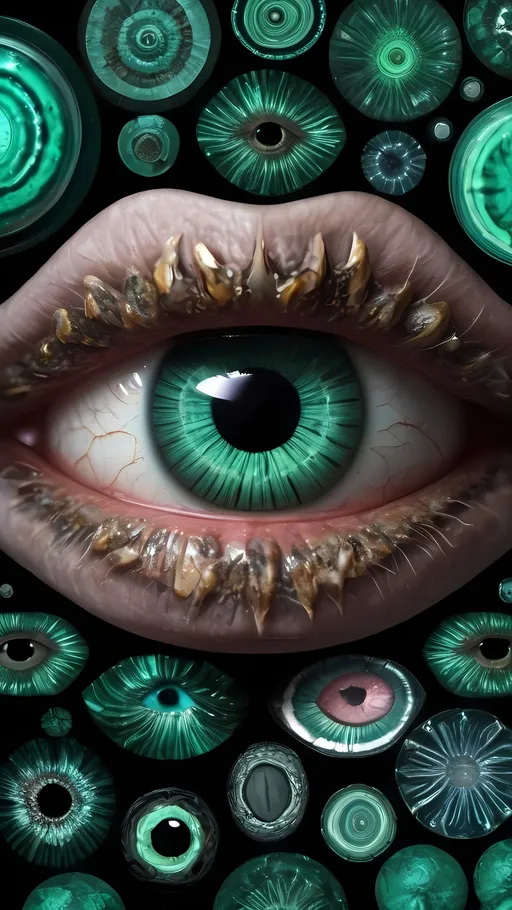 Prompt: Create an extremely hyper-realistic, ultra super textural, weird, trippy, surreal, psychedelic eyes/teeth/mouth pattern/design based on "Spirillum minus", with lots of human eyes (crazy colorful compound psychedelic), rows of human teeth, human lips, and tongues. 

- **Colors**: determined by the properties and expressions of the elements (& their isotopes), minerals, and metals: Orthoclase, malachite, Rhenium (Re); “Spirillum minus”

**Shapes and forms**
- "Penicillium expansum" 
-other shapes determined by the natural properties and expressions of the elements (& their isotopes), minerals, metals, and biological organisms: malachite, Orthoclase,  Rhenium (Re); Spirillum minus

- **Textures**: Derived from any/all elements (& their isotopes), minerals, metals, crystals, organic things mentioned in this prompt: "Spirillum minus”, Orthoclase, malachite, Rhenium (Re)

**Composition and Layout**:
- a pattern/design based on "Spirillum minus"

**Lighting**:
- Lots of bright light
- Phosphors, Luminol

**Detail and Atmosphere**:
- Extreme hyperrealistic sharp high detail high definition organic and mineral textures
- Psychedelic, weird, odd, surreal atmosphere
- Frozen in time

**Additional Elements**:
- "Spirillum minus", extra rows of teeth, lips, many eyes,
