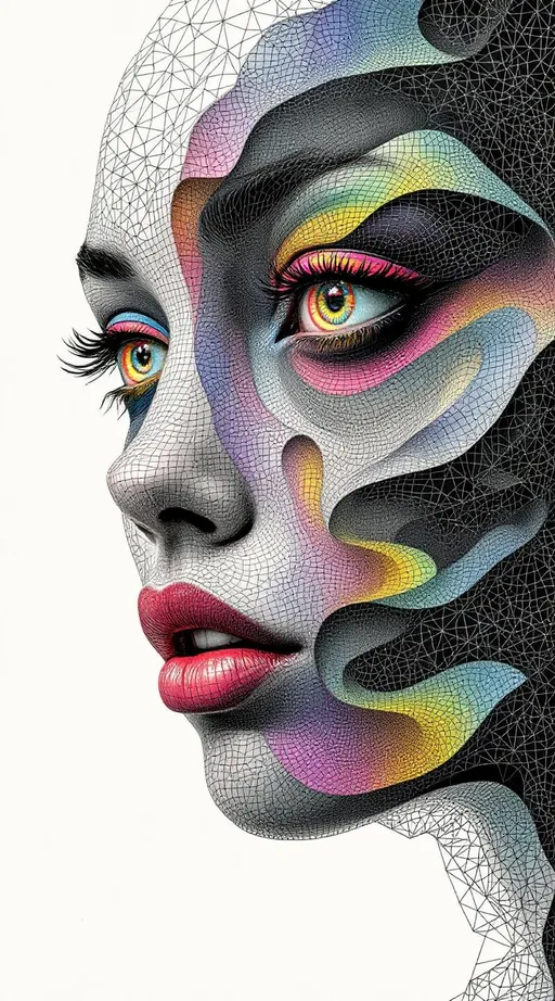 Prompt: A female face unfolds across impossible space—tessellated, recursive, and drawn in thick, uneven ink lines. In the style of La Planète Sauvage, she is not realistic but ritual: a hyper-stylized visage stretched across a non-Euclidean manifold, every contour warped by logic. Her expression is a paradox, hovering somewhere between diagram and myth. Eyes spiral as limit cycles around strange attractor loops, each one inked in tight elliptical bands, orbiting voids rimmed with rainbow halos. Her lips follow curved geodesics—pulled along warped surfaces in matte strokes of spectral pink and solar green. Her cheekbones ripple outward in Hilbert folds, crumpling the page behind her.

The entire face is embedded in a dual lattice: one half the Fractal Memory Field—drawn as nested Penrose tiles in dusty neon—and the other the Chromaflux Constraint Net, painted as hyperbolic grids stitched with glowing braid-knots. These patterns do not sit on her—they become her: nose a focal node of dimensional interference; forehead a Klein-braid of tiling syntax, spiraling in iridescent filament arcs.

Color here does not blend—it diffracts. Harsh rainbow lighting fractures across her skin like broken glass dipped in oil. Auroral ribbons loop through recursive mesh. Every layer of recursion shifts both shape and hue—chromatic torque spirals through Möbius arcs, folding prismatic glyphs into hyperspace along brush-scrawled vector lines.

Her hair dissolves into nested geometry: tessellated ribbons and spectral lattices curl like illustrated smoke, each strand tipped with moiré sparkles and drawn distortions. Her expression flickers with encoded meaning—half-symbol, half-glitch, alive within the folds of Riemann topology.

She is maximalist and spatially unstable. A conscious diagram. A sacred drawing of feedback loops and chroma logic. A face-shaped equation rendered in psychedelic ink.
