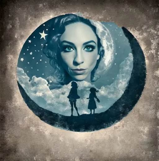 Prompt: Vintage Cyanotype print of a girl on the moon, detailed silhouette, vintage artistic style, cool tones, subtle moonlight, high quality, cyanotype print, vintage, detailed silhouette, moon, girl, subtle lighting, cool tones