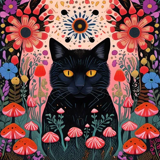 Prompt: <mymodel>Black cat surrounded by mushrooms and flowers, mixed media, detailed fur with intricate patterns, vibrant and surreal, high quality, mixed media, whimsical, vibrant colors, atmospheric lighting, detailed eyes, professional, surreal, detailed mushrooms and flowers, artistic, highres