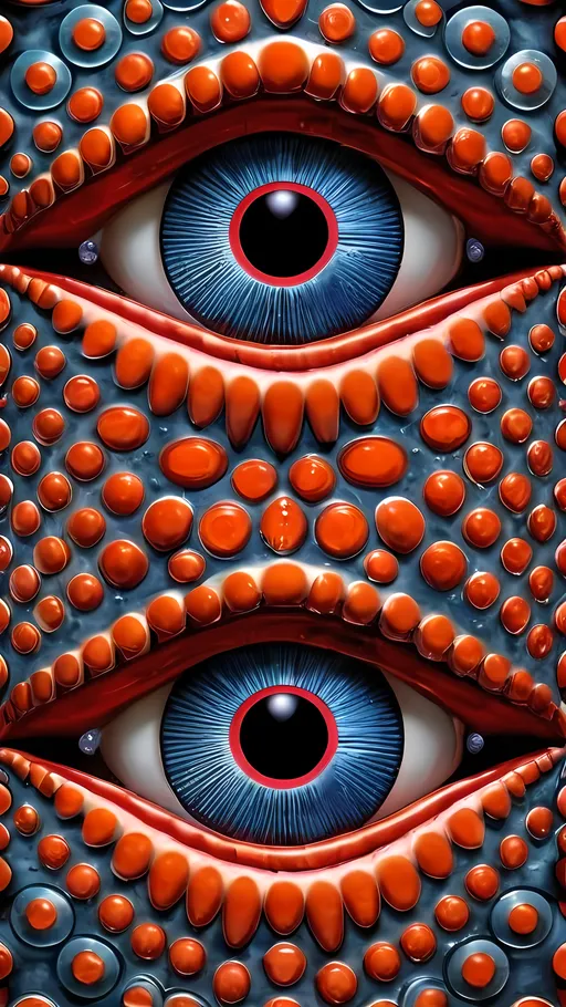 Prompt: Create an extremely hyper-realistic, ultra super textural, weird, trippy, surreal, psychedelic eyes/teeth/mouth pattern/design based on Triskelion & “Op Art tiling” with lots of human eyes (crazy colorful compound psychedelic), rows of human teeth, human lips, and tongues. 

- **Colors**: determined by the properties and expressions of the elements (& their isotopes), minerals, and metals: Tantalum (Ta), “Fusarium verticillioides”, Hematite, Crocoite, garnet, Trichroism

**Shapes and forms**
- Triskelion 
- "Op Art tiling" 
-other shapes determined by the natural properties and expressions of the elements (& their isotopes), minerals, metals, and biological organisms: diatoms, Tantalum (Ta), Hematite, Crocoite, garnet 


- **Textures**: Derived from any/all elements (& their isotopes), minerals, metals, crystals, organic things mentioned in this prompt: Tantalum (Ta), “diatoms”, Hematite, Crocoite, garnet

**Composition and Layout**:
- a pattern/design based on the Op Art tiling & Triskelion 

**Lighting**:
- Trichroism


**Detail and Atmosphere**:
- Extreme hyperrealistic sharp high detail high definition organic and mineral textures
- Psychedelic, weird, odd, surreal atmosphere
- Frozen in time

**Additional Elements**:
- extra rows of teeth, lips, many eyes, diatoms, Op Art tiling, Triskelion, Aventurescence, Chatoyancy
