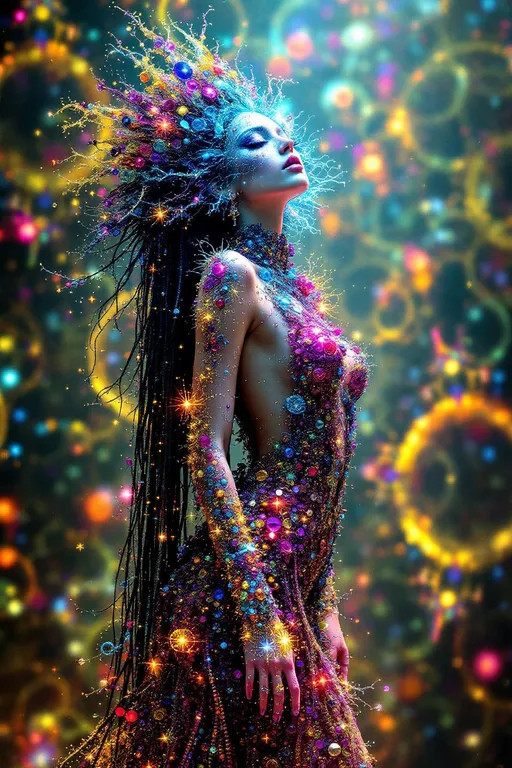 Prompt: FINALIZED FRACTAL PROMPT: DISCO TRASH QUEEN — MATHBORN IN THE INFINITE DISCO SPHERE

Codex Domains Intensified:
	•	C1: Recursive Genesis as Ontology
	•	V10: Polychromatic Fractal Emission Fields
	•	T5: Mirrorball Causality Fracture
	•	S7: Feedback Spectacle Topology

⸻

“Create a female fractal entity—the DISCO TRASH QUEEN—entirely emergent from pure mathematical recursion, born inside a recursive disco-ball dimension where space and time are fragmented into self-similar light structures. Her body is formed from living Mandelbrot blooms wrapped around spinning axes of rotation, limbs extending in bifurcating light structures, and skin shimmering with infinitely nested Julia set ripples in iridescent color fields. Her presence warps time like a Lorenz attractor, pulsing to a cosmic disco beat. Her face gleams with Perlin-noise contours overlaid with rainbow Voronoi fragmentation, while her hair coils into fractal spirals formed of 3D parametric curls in golden-ratio syncopation. She struts across a mirrored infinity floor—an environment built from recursive Klein bottle topologies tessellated in disco-faceted Menger sponges. Every surface reflects every other, creating a multiversal echo chamber of fractal light, noise, and trash-glam divinity. The air glitters with light particles from infinite recursive reflections, and her every motion spawns new layers of spectral self-similarity.”
