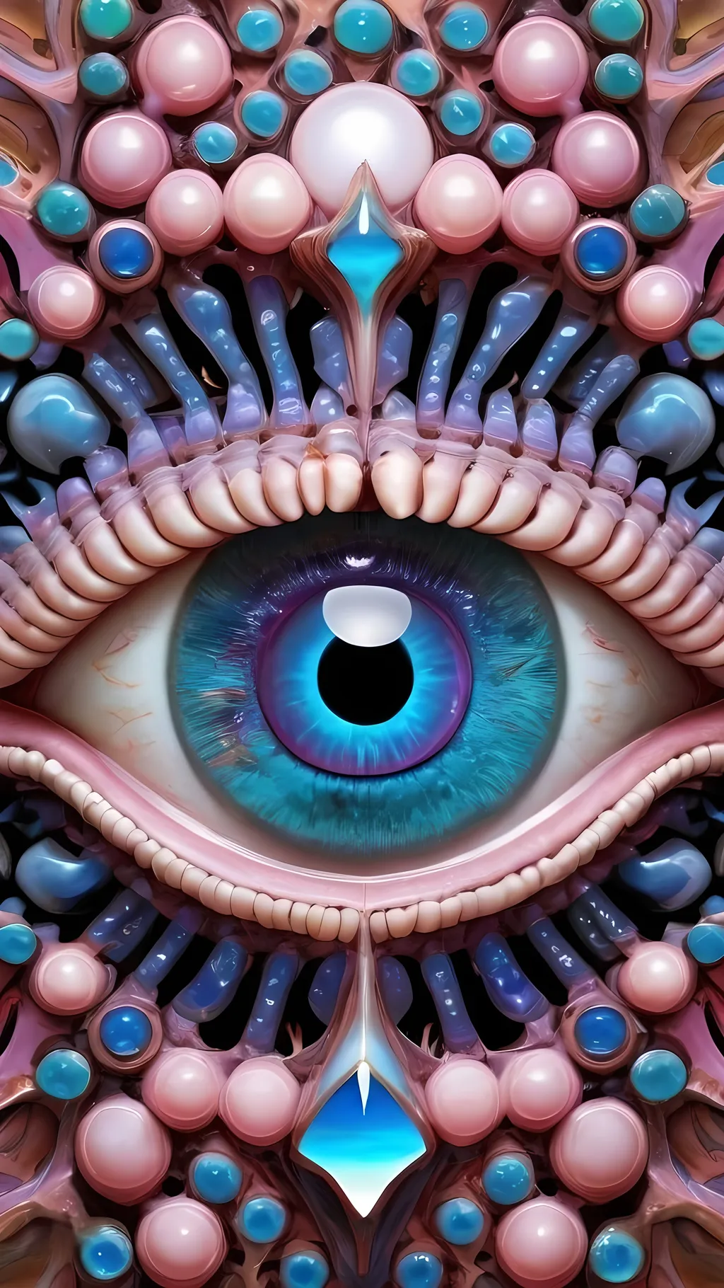 Prompt: Create an extremely hyper-realistic, ultra super textural, weird, trippy, surreal, psychedelic eyes/teeth/mouth pattern/design based on Mandelbrot & “Op Art tiling” with lots of human eyes (crazy colorful compound psychedelic), rows of human teeth, human lips, and tongues. 

- **Colors**: determined by the properties and expressions of the elements (& their isotopes), minerals, and metals: opal, moonstone, Kunzite, Fluorite, selenite, rose quartz, Palladium (Pd), “Fusarium verticillioides”

**Shapes and forms**
- Mandelbrot 
- "Op Art tiling" 
-other shapes determined by the natural properties and expressions of the elements (& their isotopes), minerals, metals, and biological organisms: opal, moonstone, Kunzite,  Fluorite, selenite, rose quartz,  Palladium (Pd), “Fusarium verticillioides”


- **Textures**: Derived from any/all elements (& their isotopes), minerals, metals, crystals, organic things mentioned in this prompt: opal, moonstone, Kunzite, Fluorite,  selenite, rose quartz, Palladium (Pd), “Fusarium verticillioides”

**Composition and Layout**:
- a pattern/design based on the Op Art tiling & Mandelbrot 

**Lighting**:
- lots of bright light
- Iridescence
- Aventurescence
- Chatoyancy
- Asterism

**Detail and Atmosphere**:
- Extreme hyperrealistic sharp high detail high definition organic and mineral textures
- Psychedelic, weird, odd, surreal atmosphere
- Frozen in time

**Additional Elements**:
- extra rows of teeth, lips, many eyes, Op Art tiling, Mandelbrot, Iridescence, Aventurescence, Chatoyancy
