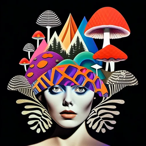 Prompt: a surreal trippy psychedelic  mixed media collage evoking the feel of vintage trippy surreal multimedia collages. It will feature mushrooms/fungus, psychedelic eyes, etc & be set amongst trippy psychedelic patterns/optical illusions,, geometric shapes and will include mediums such as photography, printmaking, painting, illustration, paper cutting, paper folding, glitter, silver foil/enamel, rhinestones, sequins, thread/string and anything else<mymodel>