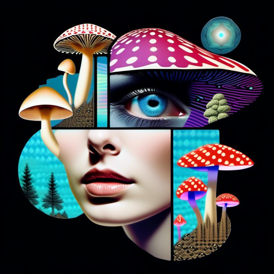 Prompt: a surreal trippy psychedelic  mixed media collage evoking the feel of vintage trippy surreal multimedia collages. It will feature mushrooms/fungus, psychedelic eyes, etc & be set amongst trippy psychedelic patterns/optical illusions,, geometric shapes and will include mediums such as photography, printmaking, painting, illustration, paper cutting, paper folding, glitter, silver foil/enamel, rhinestones, sequins, thread/string and anything else<mymodel>