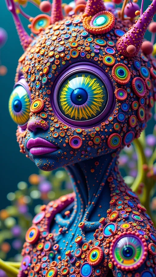 Prompt: An extremely super hyper detailed hyperrealistic weird surreal trippy psychedelic entity emerges, adorned with lots and lots of crazy psychedelic compound human eyes, meticulously arranged in a mesmerizing Fibonacci Spiral pattern. These eyes, each a kaleidoscope of colors, reflect the intricate beauty of the Mandelbrot Set, spiraling infinitely with bulbous shapes echoing the entity's fractal nature.

Rows upon rows of psychedelic teeth chatter in a rhythmic dance, each tooth a miniature, multifaceted crystal reminiscent of the vivid hues of Fluorite, transitioning through purple, blue, and green. The entity's skin is a living tapestry of textures, its surface a shifting mosaic of Quartz and Pyrite, glistening with metallic luster and the iridescent glow of Labradorite.

Microscopic details reveal a universe within, as the entity's form is interwoven with the complex geometries of Ammonia tepida and the spiral nautilus-like elegance of Spiroloculina communis. These elements form a delicate lacework, a testament to the harmony of natural and mathematical beauty.

In the background, the sky is a swirling mass of Quantum Foam, bubbles of reality frothing and merging, while the ground beneath is a tessellation of Voronoi cells, each a vibrant patchwork of Azurite's deep azure and Malachite's verdant greens. The air is alive with the shimmering presence of Quantum Strings, vibrating with the frequencies of the universe, casting ethereal shadows that dance upon the entity's form.

This psychedelic vision is steeped in the surreal, a joyous celebration of color and form, where every detail reflects the universe's infinite complexity and boundless creativity, inviting the viewer into a world where reality and imagination blend seamlessly.