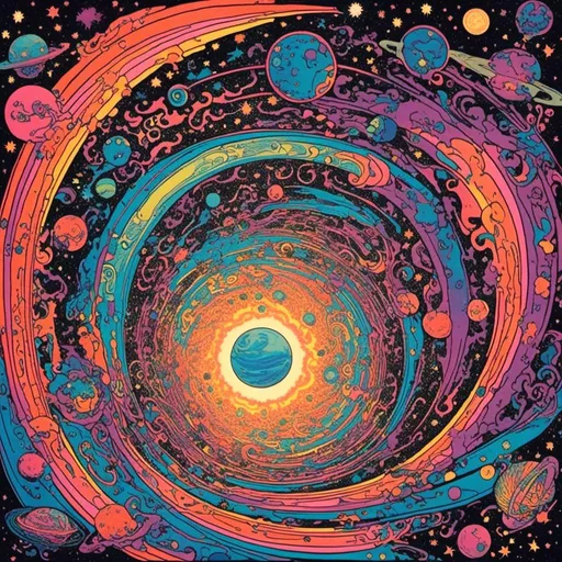 Prompt: <mymodel>Psychedelic illustration of the creation of the universe, stars and planets forming, vibrant colors, swirling nebulas, galaxies coming into existence, high-quality, surreal, cosmic, vibrant colors, swirling patterns, detailed celestial bodies, psychedelic lighting