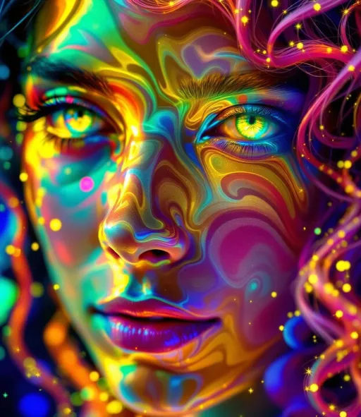 Prompt: Her face is a modular masterpiece—cheekbones traced with the shimmer of moonshine symmetry, every angle tuned to a hidden harmonic. Newton fractal veins glow faintly beneath translucent skin, shifting in color with each emotion. Her eyes burn with prime number fire, irises tiled in Penrose symmetry, blinking with curved light logic. Laughter echoes in Hilbert paths across her cheeks—space-filling joy spirals, soft and bright. Hair spills around her in radiant pink curls, styled by quasiperiodic forces and recursive wave equations—each strand flowing in luminous fractal tension. Geometry pulses at the hairline, recursive symbols glinting in neon mathdust. She is wrapped in hyperbolic aura-rings, layered in color-feedback like living topology, her presence refracting sacred math through joy, emotion, and colorfields.”

⸻

Visual Keywords:
Modular face symmetry, Newton glow skin, Penrose-tiled irises, Hilbert smile trails, pink recursive curls, fractal symbol halo, hyperbolic color aura, neon mathdust, prime fire eyes