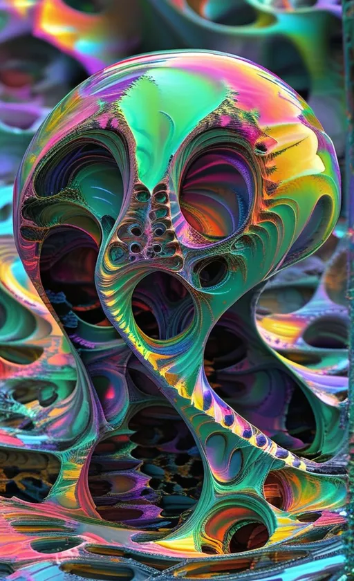 Prompt: **Prompt:**

A disturbing, non-Euclidean alien horror entity formed from dripping, iridescent rainbow slime and glitching fractal membranes—its surface shifts with psychedelic interference patterns, thin-film iridescence, and recursive Mandelbrot textures. The creature stands in a warped dimensional plane where geometry folds in on itself—arches melt into holes that bloom into impossible topologies. Its hollow, spiked head resembles a cross between a coral skeleton and a hyperbolic shell, with gaping voids that defy light.

The colors are saturated, chaotic, and dissonant—neon purples, chromatic greens, toxic pinks, and blacklight blues swirl together in oily holographic trails. Every surface oozes refracted geometry like a living diffraction grating.

Surrounding the creature is a surreal, shifting landscape of looped architecture made of tangled optical illusions—Escherian columns twist sideways, shadows fall in the wrong direction, and perspective breaks at every turn. The atmosphere is soaked in radioactive haze.

Style: a fusion of **psychedelic glitch horror**, **La Planète Sauvage** analog ink style, and **ultra hyperrealistic fractal render**. Medium: digital painting. Lighting: ambient glow from within the creature, casting living shadows. Mood: profoundly unsettling, hypnotically beautiful, alien beyond comprehension.
