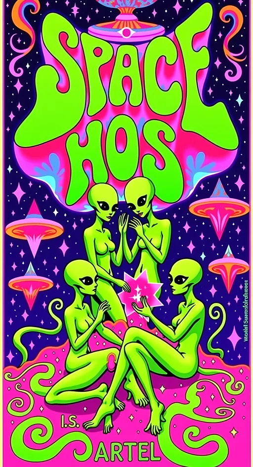 Prompt: **Space Hos - AI Art Prompt**

Create an artwork featuring the phrase "Space Hos" in a bold, sassy, girly futuristic tech font. The scene is populated by multiple striking green-skinned alien females, each exuding attitude and confidence. They are dressed in avant-garde high fashion with a futuristic edge, showcasing an array of intricate accessories that highlight their alien allure.

Each alien boasts a slightly conical-shaped bald head and large, almond-shaped black eyes, adding to their enigmatic charm. They pose with sass and poise, making a statement in the cosmic landscape.

Incorporate a vibrant UFO in the background, teeming with colorful lights that illuminate the scene. The setting is a bustling outer space landscape, complete with an alien planet, swirling asteroids, and cosmic phenomena. Alien glyphs are seamlessly integrated into the design, adding a mysterious layer.

The entire composition is busy and detailed, with every inch filled with tiny elements that captivate the viewer's attention. From the smallest star to the grandest asteroid, the scene is a masterpiece of cosmic chaos and extraterrestrial elegance.