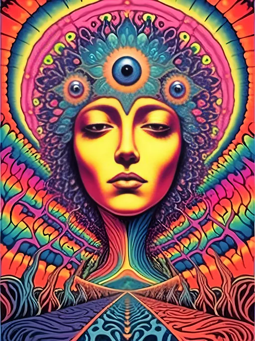 Prompt: <mymodel>A vibrant and surreal painting of an astral psychedelic DMT entity,, in highly detailed, psychedelic poster art style, with surreal lighting and astral planes, showcasing vibrant colors and surreal hallucinations, best quality, highly detailed, psychedelic, surreal, vibrant colors, open third eye, astral entity, poster art, surreal lighting, astral planes