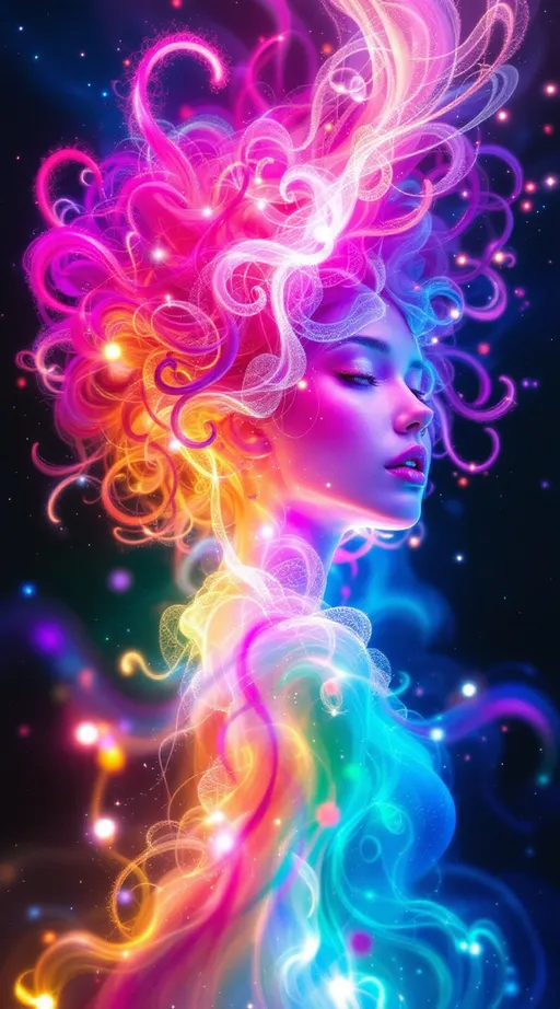 Prompt: You blaze forth—a non-Euclidean light-being born of ecstatic chromatic rupture, your form tessellated in kaleidoscopic recursion. Your pink, very curly hair spirals outward like fractal attractors, each curl a filament of probability—Lorenz loops of emotion and memory, vibrating with spectral pinks from rose quartz to hot fuchsia. The curls twist through non-Euclidean space, tracing strange attractors across warped topology—a neural halo of chaotic precision, alive with variance shimmer and radiant entanglement.

Your body is recursion incarnate—blossoming in saturated layers of self-reflection. Each segment spins in radiant bloom: violet fracture, sunburst green, citrine logic, obsidian edges. Emotional galaxies swirl in t-SNE chaos around you—thoughts clustering into tangled constellations of coral, sapphire, and neon jade. Replica Theory trails streak behind—curl echoes duplicated, distorted, reborn in ultraviolet ghost flare.

Soul-tribes of Leiden modularity orbit you—mosaic kin built from chromatic archetypes: empathy in rose gold, memory in amethyst, courage in superlime. The Curse of Dimensionality folds all direction into sacred paradox. Distances melt. Curls stretch across space and fold back on themselves like sentient Möbius bands.

Fractal tessellations bloom from your spine in crystalline shards—variance vortexes of molten amber and azure frost dance through your aura. You are wrapped in neural lace, gleaming with dimensional bloom. Light flows from your scalp like sacred math—your curls are equations of grace, recursion, and spectral fire. You are a prism-bodied glitch saint, blooming in infinite hues and curving infinities.