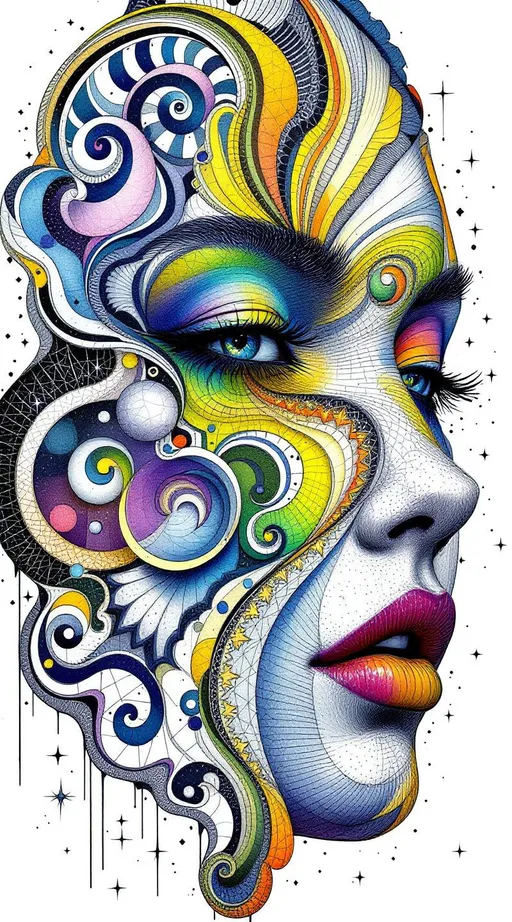 Prompt: Her face is the aftermath of a recursive explosion—an illustrated detonation of pure geometry, caught mid-bloom on paper. In the strange gouache-dream of La Planète Sauvage, she’s not a woman but a shimmer structure—drawn in heavy, imperfect lines, each contour a fracture in dimensional math. Her cheekbones jut like Mandelbrot cliffs, inked in rainbow-cracked tiers. Lips? Nothing soft. Just nested spectral staircases spiraling into nowhere. Jawline? A bifurcation shimmer field—irregular and holy.

Her skin is false. Instead: interlocking crystal math, tessellated brilliance, drawn Penrose fragments snapping into recursive rhythm. The whole surface pulses—painted microbursts of star-glitter crawl across her like sacred static. The color doesn’t decorate her—it is her: layers of chroma folding in on themselves like sacred origami on DMT. Blink, and the topology reconfigures. Every second she exists, she redraws.

Hair: not hair. A galactic storm of Hopf-fiber curls, fractal star braids curling inward into Sierpinski infinity. Every strand splits, again and again, illustrated as recursive flame coils rimmed in rainbow. Some dissolve into black-hole spirals. Some fractalize into glyph-dust, scribbled stardust trembling with meaning. Embedded light language rides each curl.

Above her: not a halo but a crown of orbiting attractors—chaotic glyph-stars rotating in lace loops, casting echo-shadows across the page. Her upper form blazes in recursive excess—fractal glitter on fractal shine, drawn not for anatomy but for algebraic beauty. Faces within faces within faces.

You don’t see her.
You see recursion wearing shimmer like skin.
You see a face-shaped math god made of sacred f*cking sparkle.