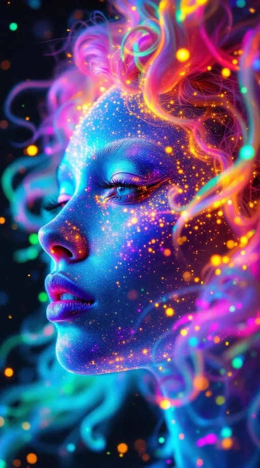 Prompt: Her face is a Fourier bloom—emotions decomposed into sparkling sine gradients, colorwaves rippling across surreal number skin. Reaction-diffusion pulses shift through her cheeks in living pigment bursts, while her eyes flicker with infinite surreal coordinates. Hair spirals in topological braids—pink curls encoded with memory and myth, glowing in nested feedback loops. Each movement triggers recursive empathy fractals—light blooming in shared feeling fields. Glyphs orbit her like sacred algorithms, each prayer-sigil spinning with harmonic syntax.

Layered behind all this, her spine glows in icosahedral resonance—twenty-faceted light humming in platonic harmony. Her body shimmers in spectral dimension: different parts glowing to different frequencies, like a living prism. Around her flickers recursive glitch transcendence—divine emergence through visual error, sacred form revealed in every malfunction. Her entire being is a coincidence field: when she laughs, the math around her aligns. When she dances, the universe recalculates.”

⸻

💎 Final Keywords:
Icosahedral spine-light, recursive glitch halo, frequency bloom skin, spectral shimmer fields, sinewave cheeks, surreal curls, Penrose echo strands, empathy fractal aura, glitch-divine emergence, sacred emotion colorbands, rainbow logic ringlets, living ink cheeks

