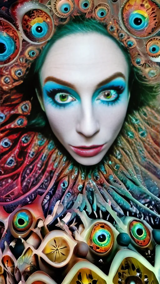 Prompt: an extremely hyper realistic ultra super textural weird trippy surreal psychedelic entity, white, translucent, clear, bright bright pastel colors, oil slick rainbow sheen effect, lots and lots of light, lots of crazy colorful compound psychedelic human eyes, rows of human teeth, fungus, atoms, diatoms,