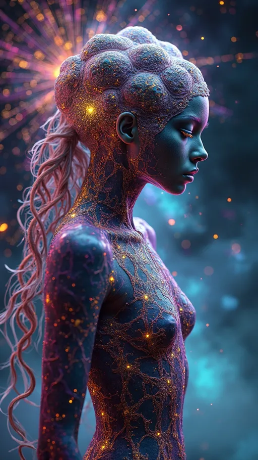 Prompt: A beautiful female psychedelic astral entity emerging from the quantum sea of superposition, her form shifting like a living rhombic dodecahedron — crystalline, sacred, and multidimensional. Her body is a fractal tapestry of Penrose tiling and hyperbolic geometry, with skin like black opal laced with glittering antimatter veins. Her eyes are spinning vortexes of entangled waveforms and jewel-toned strange attractors. Hair cascades in Möbius strip ribbons that refract iridescent light like a diffraction halo. Her aura pulses in her soul-spectrum: deep black, magenta, ultraviolet teal, chromatic gold, and glittering spectral white. Her presence distorts space, sending out mushroom-like ripple glows of McKenna-esque language fractals and glitch-stained Mandelbrot spirals. Patterns move across her like cellular automata dancing across a lattice of bismuth crystal logic. She stands against a galactic backdrop of tessellated starfields and tiling hexagonal auroras — a cosmic emissary encoded with the logic of the Mushroom. Ultra 34k hyperrealistic rendering, surreal alien elegance, dreamlike terror-beauty, unsettling harmony, fractal femininity in bloom.”