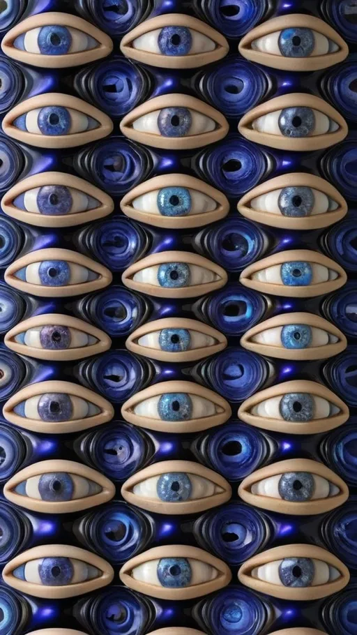 Prompt: Create an extremely hyper-realistic, ultra super textural, weird, trippy, surreal, psychedelic eyes/teeth/mouth pattern/design based on “Hemitrichia serpula” & “op art tiling” with lots of human eyes (crazy colorful compound psychedelic), rows of human teeth, human lips, and tongues. 

- **Colors**: determined by the natural properties and expressions of the elements (& their isotopes), raw rough minerals, and metals: Nickel (Ni), Tanzanite, Feldspar, Pectolite, Lazurite,  Indicolite, “Hemitrichia serpula”

**Shapes and forms**
- “Hemitrichia serpula”
-other shapes determined by the natural properties and expressions of the elements (& their isotopes), raw rough minerals, metals, and biological organisms: diatoms, Nickel (Ni), Tanzanite, Feldspar, Pectolite, Lazurite, Indicolite

- **Textures**: Derived from any/all elements (& their isotopes), minerals, metals, crystals, organic things mentioned in this prompt: “Hemitrichia serpula” Nickel (Ni), Tanzanite, Feldspar, Pectolite, Lazurite, Indicolite

**Composition and Layout**:
- a pattern/design based on the “Hemitrichia serpula”

**Lighting**
- lots and lots of bright shining reflective light


**Detail and Atmosphere**:
- Extreme hyperrealistic sharp high detail high definition organic and mineral textures
- Psychedelic, weird, odd, surreal atmosphere
- Frozen in time

**Additional Elements**:
- extra rows of teeth, lips, many eyes, “Hemitrichia serpula”, Aventurescence, Chatoyancy
