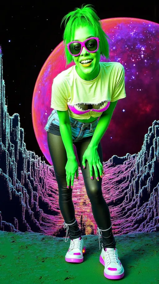 Prompt: **Prompt:**  
A green-skinned alien girl with a conical bald head and large solid black almond-shaped eyes is leaning slightly forward, her knees turned inward in a playful, mischievous pose. Her hands dangle loosely near her thighs, fingers spread casually, giving her a sassy and confident vibe. She’s dressed in a torn, neon crop top with jagged edges, fishnet stockings, and frayed, ultra-short denim shorts. Chunky platform sneakers with glowing accents complete her edgy, trashy look, and her metallic-painted nails catch the light, adding a flashy detail.  

The background is a surreal outer space scene, filled with swirling galaxies, shimmering stars, and glowing nebulae, all infused with glitching effects. Digital distortions ripple through the cosmic scene, with pixelated fragments, streaks of static, and cascading error lines blending seamlessly into the celestial environment. Bright neon colors pulse and flicker, as if the scene is part of a corrupted holographic projection. The edges of her figure glitch slightly, with parts of her blending into the swirling universe, creating a mesmerizing mix of cosmic beauty and digital chaos. The composition has a retro-futuristic, analog finish, like a distorted snapshot from a malfunctioning intergalactic feed.