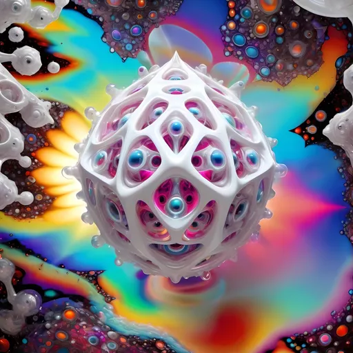 Prompt: a translucent white many sided multidimensional extra dimensional geometric shape churning through many extra dimensions etherically, covered in eyes, biological and mechanical simultaneously with random pops of brilliant vibid psychedelic color 