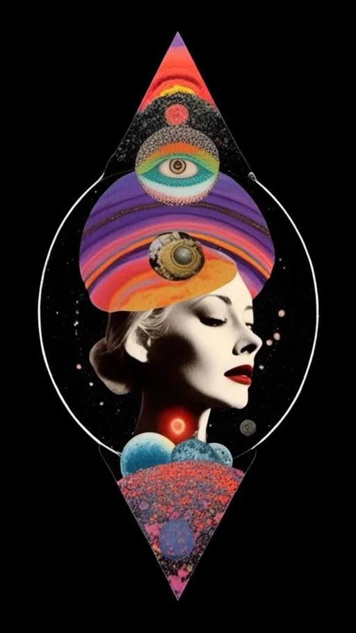 Prompt: <mymodel>Psychedelic collage of a woman, spliced and edited with psychedelic planets, cats, and UFOs, a psychedelic open third eye, pickles, photos of mushrooms of all kinds and colors, trippy optical patterns, incorporating paint, enamel, and found objects, black and white optical illusions, high quality, surreal, vibrant colors, trippy, psychedelic, detailed collage, cosmic theme, colorful lighting surreal collage