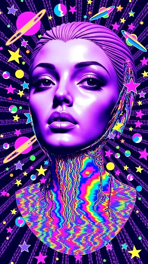 Prompt: Text - STARSEED - in a cursive hand drawn decorative art nouveau organic script style- Design 3 color a pop art nouveau t-shirt featuring a Lisa Frank-inspired 80s glam futuristic alien woman, limited to four vibrant colors. The central figure should be an alien woman with a classic 'gray' alien appearance—big pointed head and large almond-shaped solid colored dark shining eyes—styled with glamorous 80s fashion elements. Use bright, bold colors typical of Lisa Frank, incorporating metallic and neon hues to emphasize the futuristic theme. Surround her with whimsical elements like stars, planets, galaxies, and UFOs, all infused with a pop art nouveau flair. Add details such as sparkling jewelry, bold makeup, and flowing hair, reminiscent of 80s glam. The design should be eye-catching and energetic, blending the playful essence of Lisa Frank with the elegance of art nouveau, perfect for a standout t-shirt.