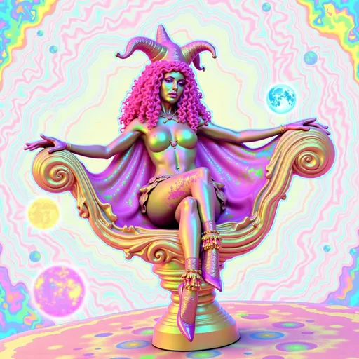 Prompt: A super hyperrealistic yet also illustrative and creative female cosmic jester, made entirely of swirling pure colored light, with long wild curly hair that appears pink but is a dazzling spectrum of hues shimmering beneath the surface. She is adorned in beautiful avant-garde "astral" jester's attire, complete with intricate clown makeup that glimmers like stardust and a definitive jester's hat adorned with miniature galaxies that orbit its tips. Her ensemble includes exquisite accoutrements—ornate cosmic bangles that hum with the resonance of distant quasars and an ethereal cape that flows like liquid auroras. She sparkles, shines, and dazzles in a mesmerizing swirl of ever-changing colors, embodying the essence of cosmic whimsy and wonder. Perched atop an enormous, spinning Möbius strip made of liquid starlight, she juggles glowing quantum orbs that flicker between states of existence, each orb containing a miniature universe that pulses with fractal patterns. The background is a psychedelic tapestry of hyperdimensional geometry, where constellations rearrange themselves into impossible shapes, and stars pulse to the rhythm of an unheard cosmic melody. Fractal tessellations resembling Escher-like infinity loops cascade through the scene, while quantum entanglement trails connect her juggling orbs in a dance of light. Möbius transformations ripple through the liquid starlight, creating endless loops of brilliance, as pulsating nebulas, astral winds swirling with cosmic dust, and shimmering auroras flow like liquid silk across the infinite expanse.