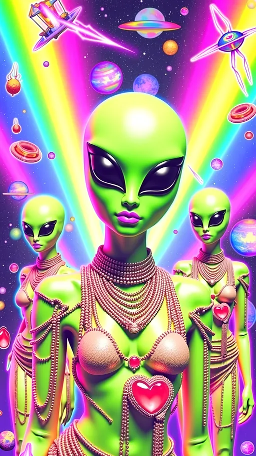 Prompt: **Space Hos - AI Art Prompt**

Create an artwork featuring the phrase "Space Hos" in a bold, sassy, girly futuristic tech font. The scene is populated by multiple striking green-skinned alien females, each exuding attitude and confidence. They are dressed in avant-garde high fashion with a futuristic edge, showcasing an array of intricate accessories that highlight their alien allure.

Each alien boasts a slightly conical-shaped bald head and large, almond-shaped black eyes, adding to their enigmatic charm. They pose with sass and poise, making a statement in the cosmic landscape.

Incorporate a vibrant UFO in the background, teeming with colorful lights that illuminate the scene. The setting is a bustling outer space landscape, complete with an alien planet, swirling asteroids, and cosmic phenomena. Alien glyphs are seamlessly integrated into the design, adding a mysterious layer.

The entire composition is busy and detailed, with every inch filled with tiny elements that captivate the viewer's attention. From the smallest star to the grandest asteroid, the scene is a masterpiece of cosmic chaos and extraterrestrial elegance.