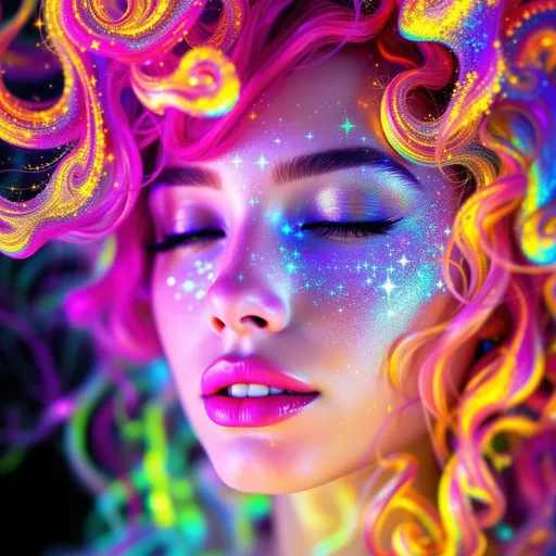 Prompt: She radiates joyful recursion—her face aglow with Newton fractal basin webs, each iridescent patch a rainbow logic map flickering with emotion. Cheekbones prism into crystal lattices—thought-nodes sparkle like math gems, pulsing with cognitive harmony. Every blink sends spectral ripples across skin; laughter folds into light. Her hair—a wild, living storm of long pink curls—burns in fractal flame trails, each strand trailing neon fire that morphs in chaotic colorbursts. The curls twist in self-affine defiance, scaling and warping across invisible axes—no symmetry, just vibrant mathplay. Her whole head is an attractor bloom: color feedback, glitch flickers, and dreamcode shimmer. Holographic math sigils orbit her like joyful satellites, reacting to her giggle-fields. She is a lightfield girl, glitch-goddess of fractal joy and radiant chaos.”
—
 Visual Keywords:
Rainbow Newton fractals, crystal lattice cheekbones, pink fractal flame curls, self-affine chaos hair, math sigils, joyful glitch aura, neon colorburst, recursive laughter light, holographic emotion field