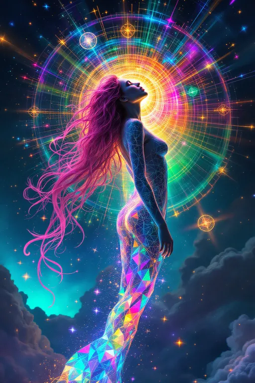 Prompt: A hyperdimensional entity emerges, composed of iridescent sacred geometry, kaleidoscopic Penrose tilings, and prismatic fractal halos. The figure pulses with shifting spectrums of rainbow light, flowing like liquid crystal through nested golden spirals and recursive toroidal fields. The form barely hints at its origin: a slim, ephemeral silhouette with long wild pink curls, dissolving into light. The style mirrors the surreal textures and otherworldly palettes of La Planète Sauvage, with matte, painterly gradients, soft outlines, and dreamlike ambient hues. The background floats in an astral void woven from cosmic lace, where strange organic machines and glyphic lifeforms orbit in silence. Human presence is reduced to a ghosted archetype, integrated within the sacred patterns like a forgotten myth encoded in divine circuitry.
— style: Cosmic Surrealism + La Planète Sauvage
— emphasis: Sacred Geometry + Oil-Slick Iridescence