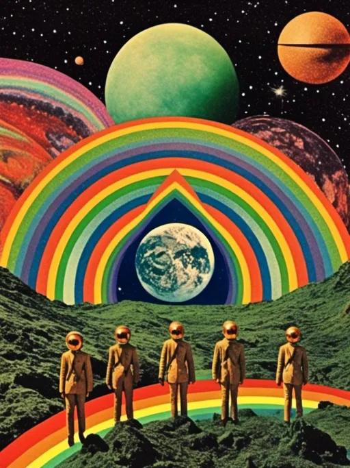 Prompt: <mymodel> Vintage 70s psychedelic surreal sci-fi Collage, analog, cut & paste, outer space, rainbows, spectrum, optical illusions/trippy patterns, surreal alien landscapes, UFOs, « little green men », psilocybin mushrooms, geometric shapes , planets, orbs, black night sky with stars, in the center, cats, 