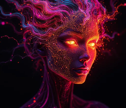 Prompt: Depict a surreal and powerful portrait of a woman whose face is overtaken by an autocatalytic flamefront—a self-propagating wave of reaction that curls, splits, and branches across her skin like fractal fire. The facial surface should appear as if it’s being actively rewritten by a slow-burning, intelligent energy: glowing fissures and cascading curls of light that devour uniformity and leave trails of recursive geometry in their wake.

The skin itself appears semi-transparent and digital, overlaid with fiery growth—tendrils of magenta, gold, and iridescent scarlet sear through her cheeks and temples, lighting up the contours like a map of biochemical memory. The flamefront traces out paths like evolving neural branches, or vines of code, consuming old structure and creating new organic filigree in real time.

Her eyes reflect the core of this ignition—a place of smoldering intelligence, as if the flame has reached the cortex of perception. The surrounding hair is animated, flowing like solar flares or liquid plasma, shifting in branching tendrils of reactive color—pink fire, deep amaranth, and neon blue—spreading outward in recursive waves. The entire aesthetic radiates energy in motion: something irreversible, transformative, beautifully destructive.

This is not mere fire—this is self-fueled creation through destruction, a portrait of a woman becoming something new as her very structure is catalyzed from within.
