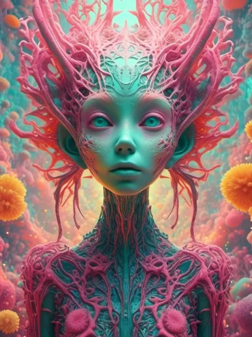 Prompt: <mymodel>an extremely hyper realistic super textural psychedelic entity/creature, trippy, weird, surreal, fractals, multidimensional geometric shapes, eyes, human teeth, lots of light, bright pastel colors, luminous, glowing, extremely textural, pinks, greens, oranges, yellows