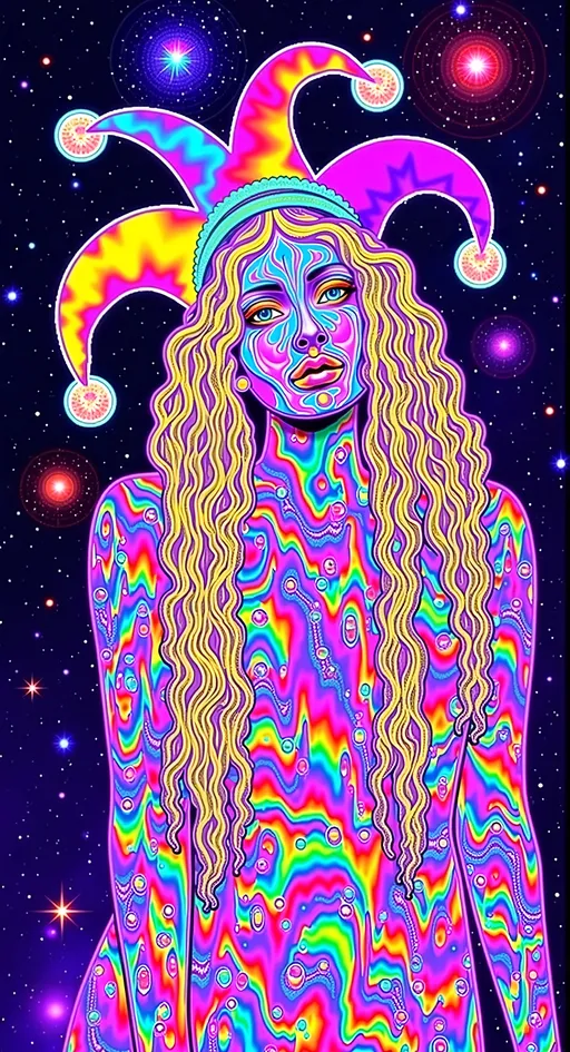 Prompt: Create a super hyperrealistic, finely detailed psychedelic Nouveau illustration of a Cosmic Jester. Feature the word MERRYPRANXTERworked organically into the background somehow.  This enchanting character is a merry prankster of the cosmos, an astral jokester dancing through time and space. She exudes a jester vibe, wearing feminine holographic jester attire & makeup with a feminine, harlequin twist. Not human, but humanoid, she is crafted from vibrant colored light, embodying an extra-dimensional extraterrestrial essence. Her presence is a beacon of joy, as she laughs and twirls through the cosmic astral realms, elevating vibes wherever she roams. 

Her beauty is otherworldly, with long, curly hair that shimmers like a cascade of colored light, appearing blonde yet transcending earthly hues. Her eyes sparkle with mischievous wisdom, and her attire is a dazzling array of intricate patterns and swirling colors, reminiscent of both jester garb and celestial phenomena.

Incorporate the text "the merrypranxter" above her in smaller, elegant lettering, seamlessly blending into the cosmic background. This text should capture the essence of her playful spirit, as if it were a whisper from the universe itself. The illustration should radiate her vibrant energy, portraying her as a timeless wanderer spreading joy and wonder throughout the cosmos.